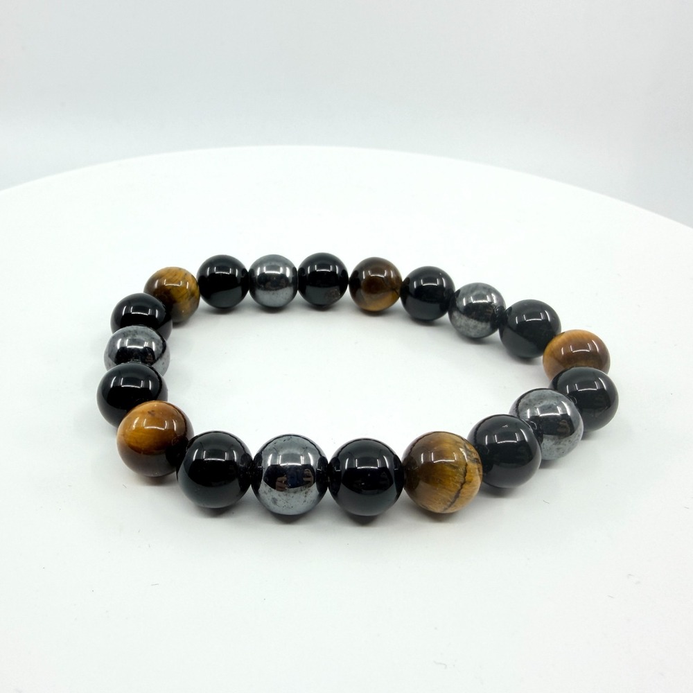 Vintage Triple Protection Tiger's Eye Hematite Black Obsidian Stretch Bracelet